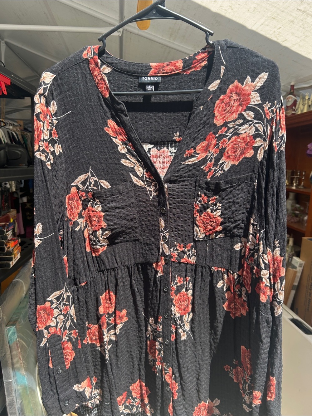 torrid Black Floral Button-Front Babydoll Tunic with Red Roses